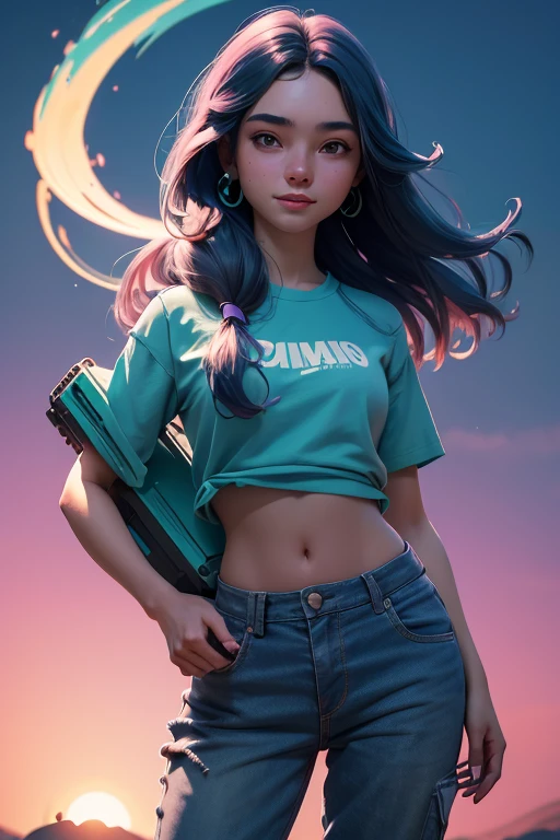 award winning arte digital, retrato de medio cuerpo de una hermosa mujer con una camisa sin mangas de seda rosa y pantalones cargo con un peinado azul marino verde azulado con la cabeza en movimiento y el pelo largo volando, Gran sonrisa, ojos chispeantes, sexy, en un campo de flores, atardecer dorado, dust particles, Brillantina, salpicaduras de pintura, salpicar, outrun, vaporizador, flat shaded illustration, arte digital, tendencia en artstation, Muy detallado, buen detalle, intrincado