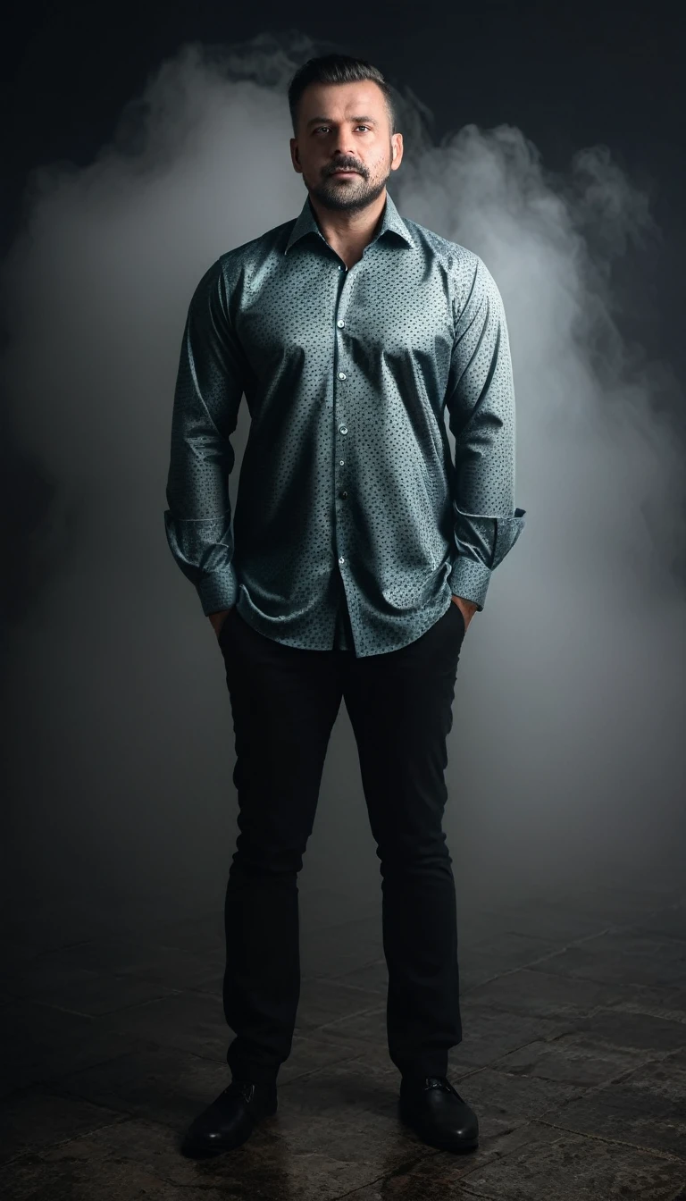 A man wearing looking very rich shirt, in a dark gloomy thick fog area, mist, full body portrait