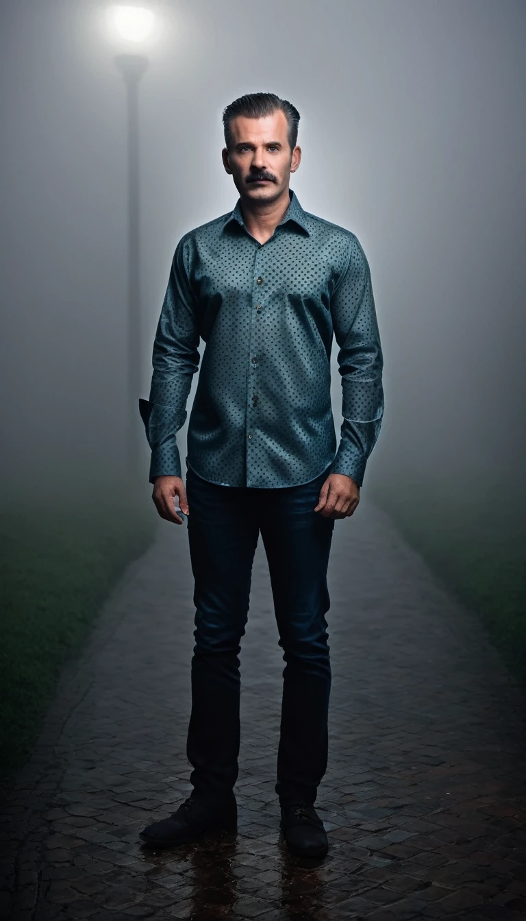 A man wearing looking very rich shirt, in a dark gloomy thick fog area, mist, full body portrait