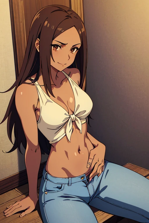 (detailed), perfect face, brown skin anime woman in a deep V-neck tied top, (bare shoulders), (jeans), (long hair), starving, (resting hands on the stomach), (hands on the stomach), (slim woman), (smooth and shiny skin), smirk, ((best quality)), ((masterpiece))