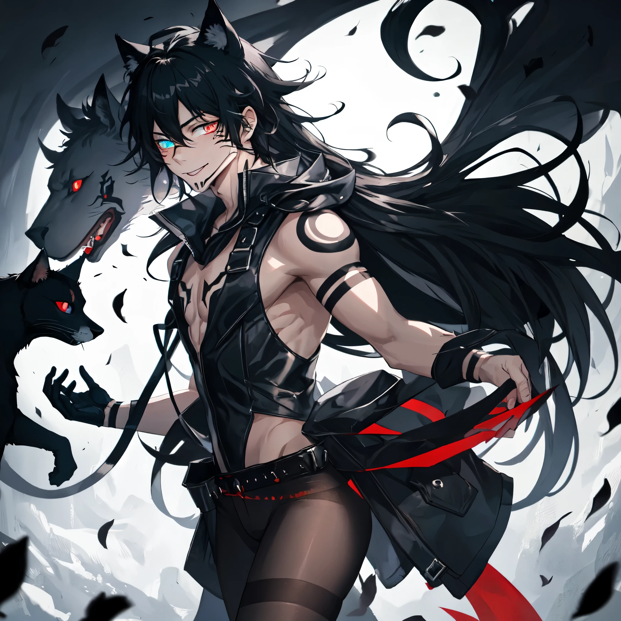 1boy, 8k, best quality, good quality, masterpiece, (stunning black long hair:1.2), heterochromia, (dark blue right eye:1.3), (red left eye: 1.3), (dark theme:1.3), (dark atmosphere:1.3), wild hair, glowing eyes, cat ears, energy wolf in background, high resolution, Anime boy with black hair and dark blue eyes stares at camera, Glowing dark blue eyes, slim, dressed in a sexy black outfit, Shadow Body, monochromes, hair messy, Aggressive smile, transparent pantyhose