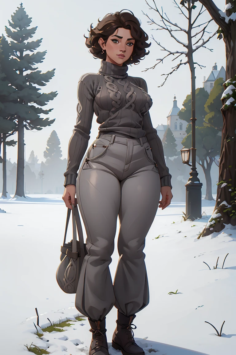 Solo, jewish girl, cascina caradonna, 1girl, (very curly open wild dark brown hair), wide seductive lips, smirking, skin, larger nose, high detailed face, 4k , camletoe, (small breasts, straight waist,wide hip, slightly chubby body,inflated legs,thick thighs,(detailed face)), 4k, look at camera, highly detailed face, (wearing a gray wool sweater:1.4), (((white extremely baggy trousers))), standing in snows, trees in background, ((full body))