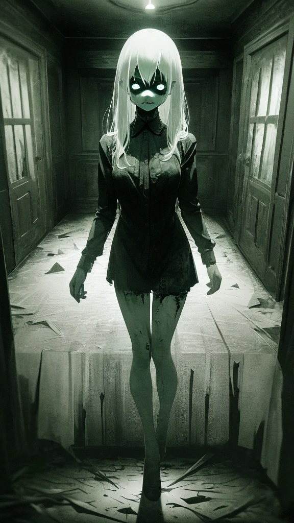 (highest quality,photo-realistic:1.37),ghostly apparition with a horrifyingly detailed face,scary eyes emitting an eerie glow,pale white complexion,long dark hair flowing ominously,creepy smile revealing sharp teeth,creepy atmosphere shrouding the scene,dark room enveloped in darkness,nighttime scene adding to the sense of dread,eerie shadows lurking in every corner,sinister ambiance permeating the air,haunting vibes lingering in the atmosphere,haunted house with a history of paranormal activity,spooky setting that sends chills down your spine,old furniture aging and decaying,dust floating in the air,creating an eerie effect,chipped paint on the walls adding to the dilapidated feeling,dimly lit candle flickering in the darkness,illuminating the room with an eerie glow,creaky floorboards adding to the suspense and tension,cracked windows with spiderweb-like patterns,casting unsettling shadows on the walls,shadows playing tricks on the mind,causing illusions and disorientation,ominous presence felt in every corner of the room,mysterious aura shrouding the entire scene,goosebumps-inducing sensations running down your spine,pulsating tension in the air,creating a sense of imminent danger,feeling of dread intensifying as you explore further,unsettling silence broken only by faint whispers that send shivers down your spine,sinister whispers echoing through the empty halls.