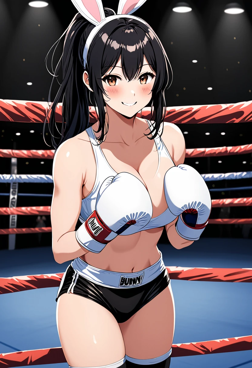 high quality, girl, Long black hair tied into a ponytail, Brown eyes, Smile,blush,Dressed in a bunny girl outfit, Black knee socks,Wearing white boxing gloves, Standing alone in the dark boxing ring in an empty gym, Hands in boxing gloves,Cross your arms,nipple,Large Breasts