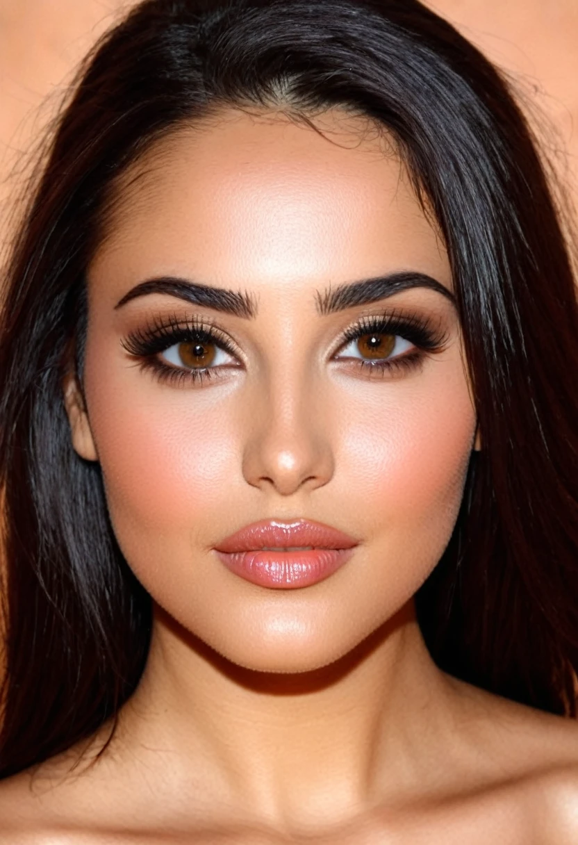 mixed between italian and algerian race, long soft dark hair, Hazel eyes, full lips, round eyes, round face, rounded medium arch eyebrows, broad forhead, a little bet overweight