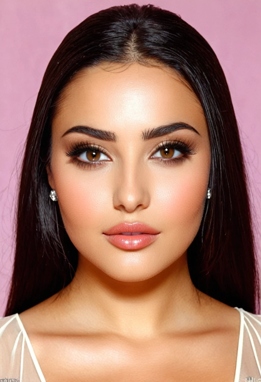 mixed between italian and algerian race, long soft dark hair, Hazel eyes, full lips, round eyes, round face, rounded medium arch eyebrows, broad forhead, a little bet overweight