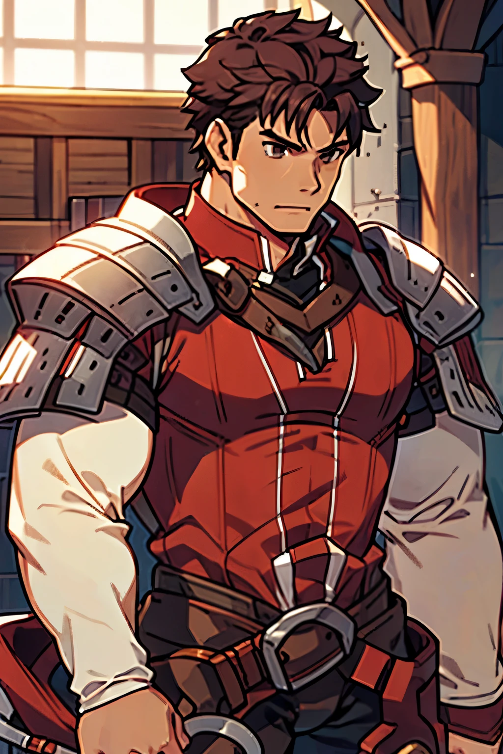 Large medieval kingdom in the background, old mature muscular male, brown hair, very short hair, cropped military hairstyle, brown eyes, bright eyes, 48 years old, bara, muscular male, large shoulders, thick muscles, big muscles, huge arms, huge body, tall, Piece, athlete, bare biceps, Abs, chest, medieval armor, light armor, red armor, red clothes ((((red armor:1.0)))), Mystical armor, Golden details on the armor, black details on the armor, elsword style armor, Neutral face, cowboy shot, high resolution:1.2, best quality, master part, daylight, Reflection of lens, upper body shot