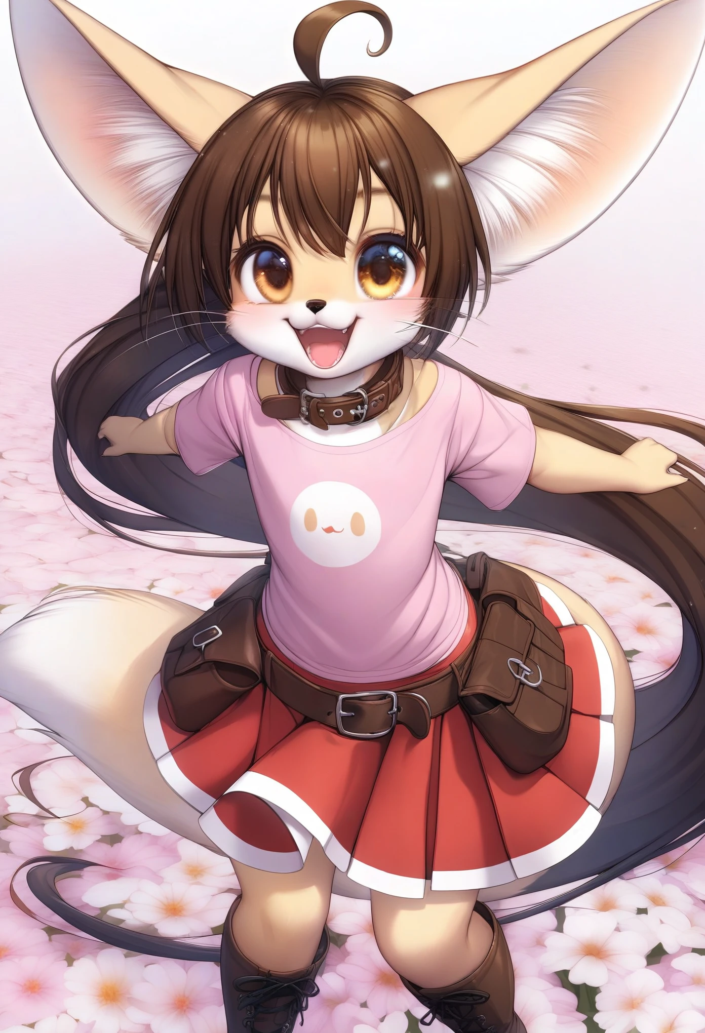 (solo), (close-up), [a two tailed, baby female,  humanoid fennec fox, vanilla fur, ahoge, brown hair in a long ponytail, flat chested, smaller height, small snout with cat whiskers], [wearing a brown collar, a long red skirt, ((pink shirt)), a belt with a pouch in her waist, brown boots], extremely happy, D:, >:3, in a grass field, surrounded by flowers, by dagasi, by diives, looking up 