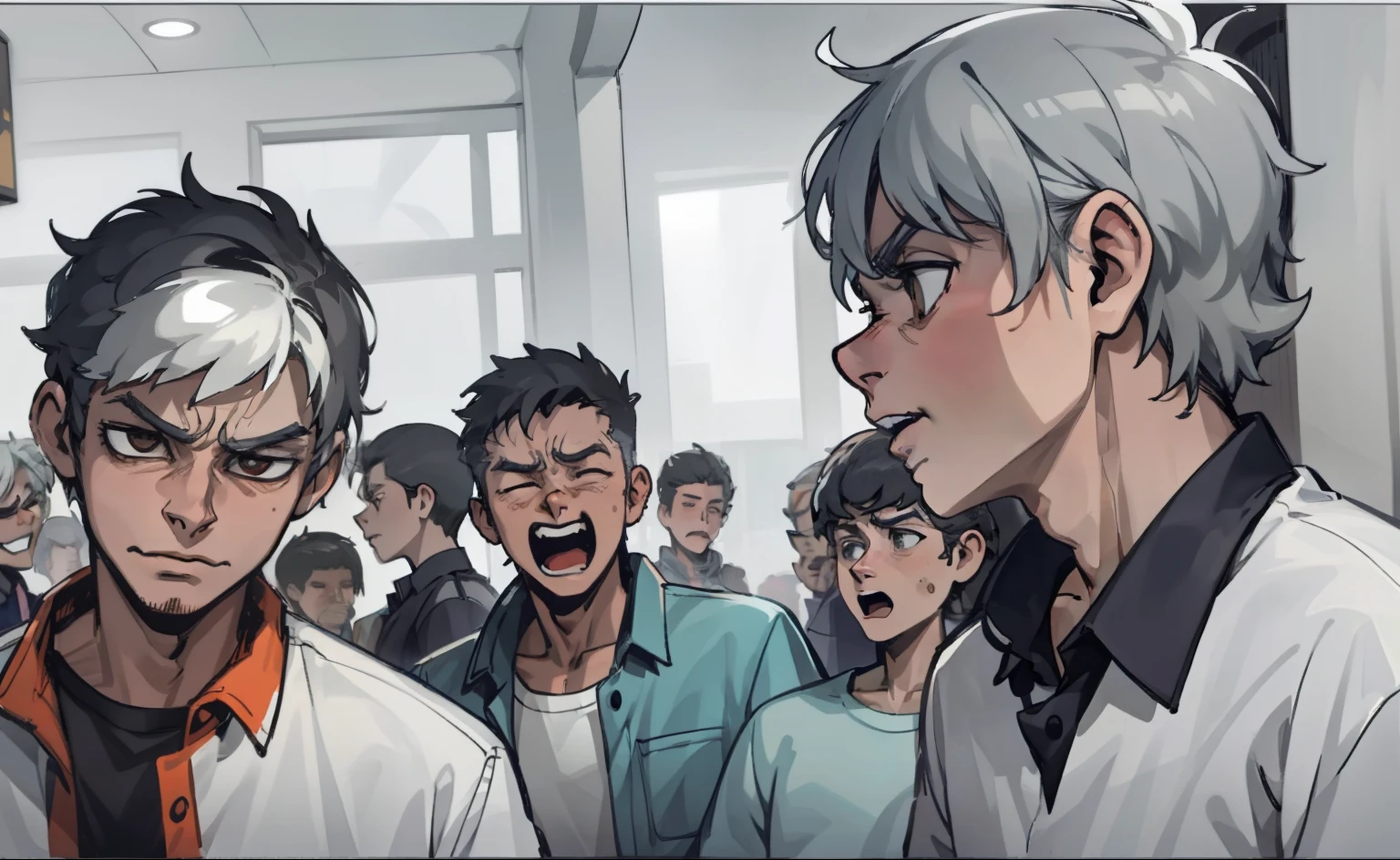 a couple of 16 year old gray haired men are shouting arguing they are angry
