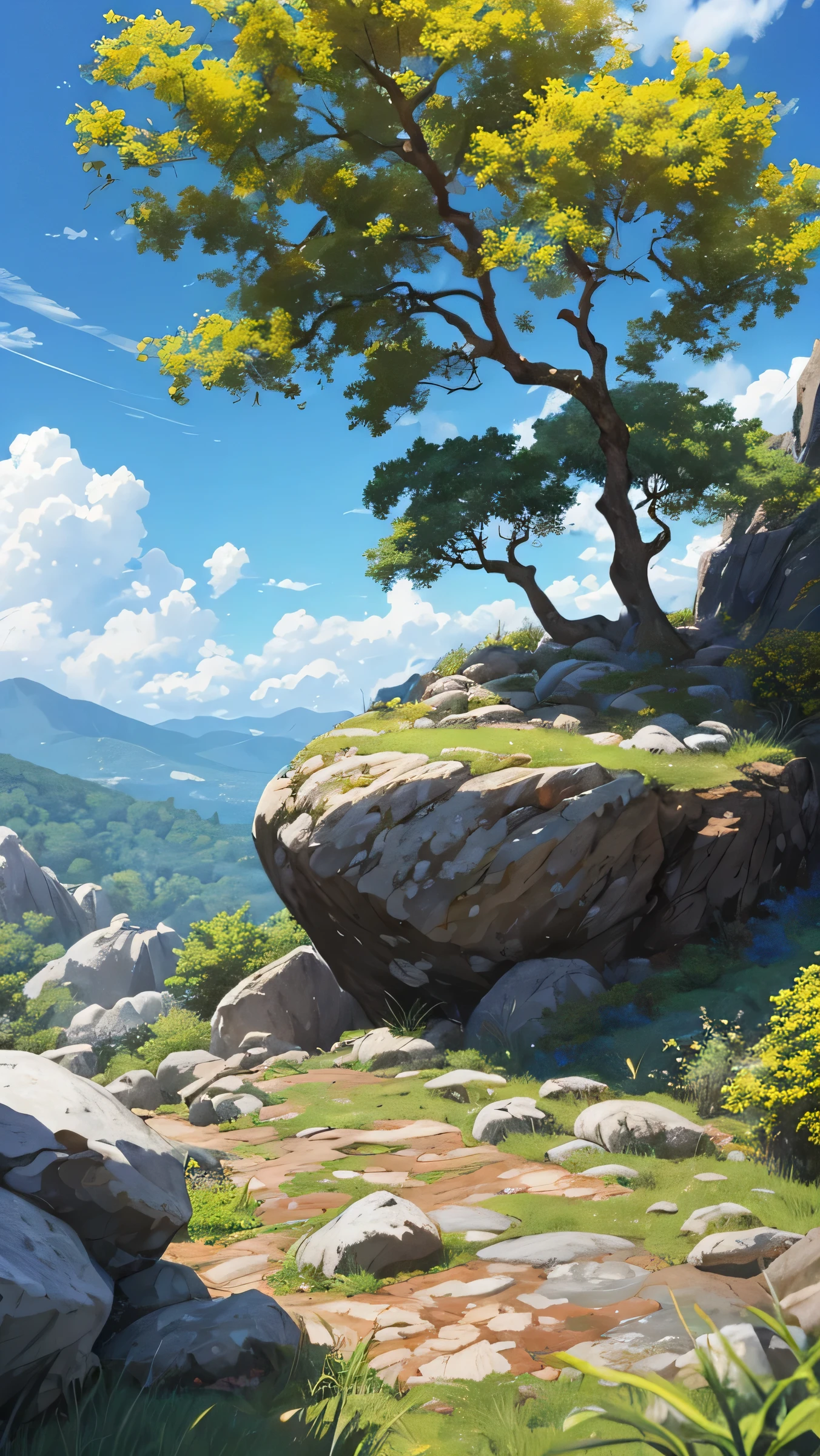 A magical rocky garden,hills, blue skies, clouds,oak trees,rocks, vibrant,