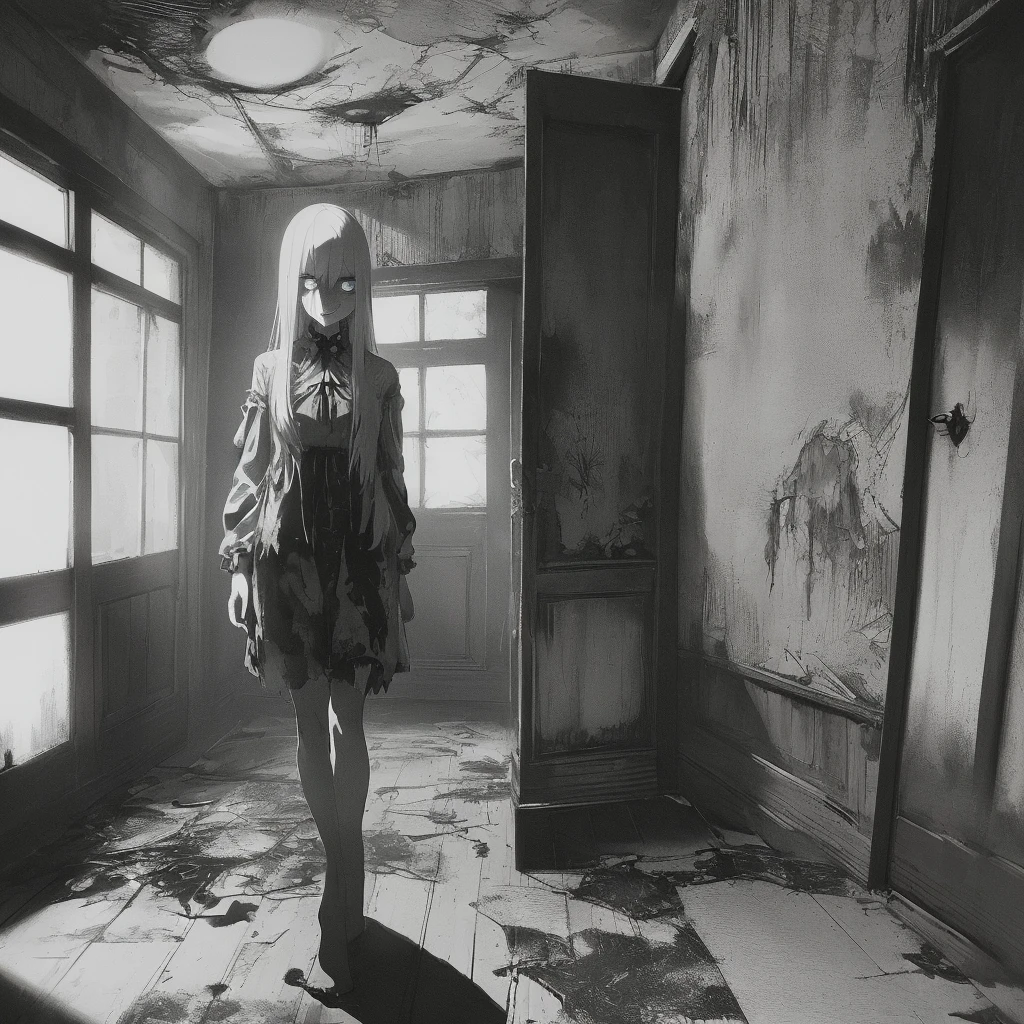 (high resolution,photo-realistic:1.37),a terrifying apparition with a horrifyingly realistic face,eyes that emanate a chilling glow,pale white complexion with ghastly features,long dark hair ominously cascading down,an eerie smile exposing sharp, menacing teeth,a sense of dread pervading the scene,a dimly lit room engulfed in darkness,the night setting adding to the eerie atmosphere,ominous shadows lurking in every corner,sinister ambiance saturating the air,a haunted house steeped in a history of paranormal activity,a spooky environment that sends shivers down your spine,aged and decaying furniture scattered throughout,the air thick with floating dust,creating a ghostly effect,cracked and peeling wallpaper contributing to the dilapidated ambiance,flickering candlelight casting an eerie glow throughout the room,the floorboards creaking underfoot,adding to the suspense and tension,cracked windows adorned with spiderweb-like patterns,casting sinister shadows on the walls,illusions and disorientation caused by the deceptive play of shadows,an overwhelming presence felt in every nook and cranny,mysterious aura enveloping the entire scene,goosebumps-inducing sensations running down your spine,pulsating tension in the air,creating a palpable sense of imminent danger,an ever-increasing feeling of dread as you venture further into the unknown,unsettling silence broken only by faint whispers that send shivers down your spine,sinister whispers echoing through the desolate halls.