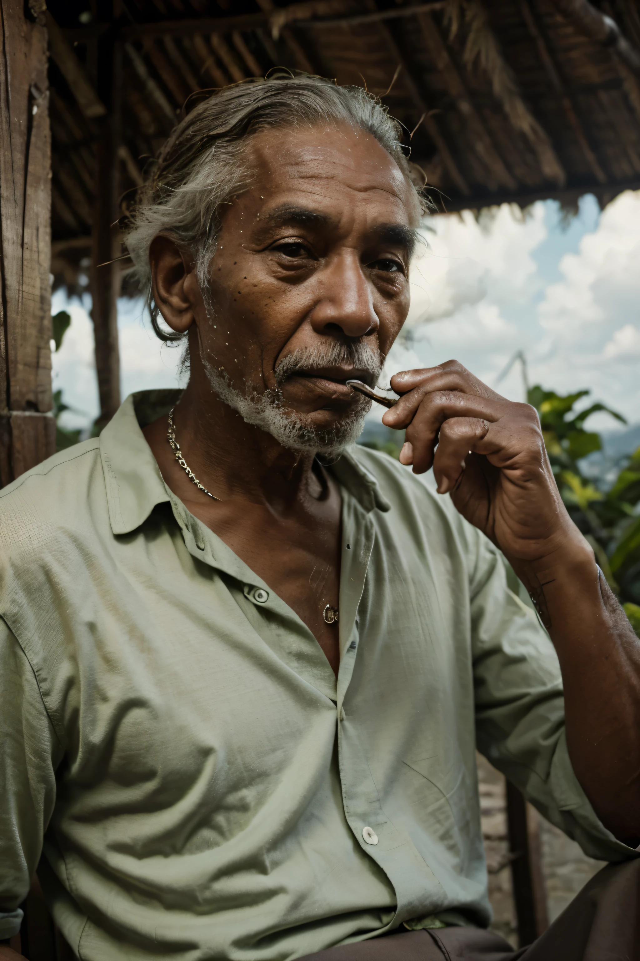 old man in jamaica smoking marihuana in a ganjaplant