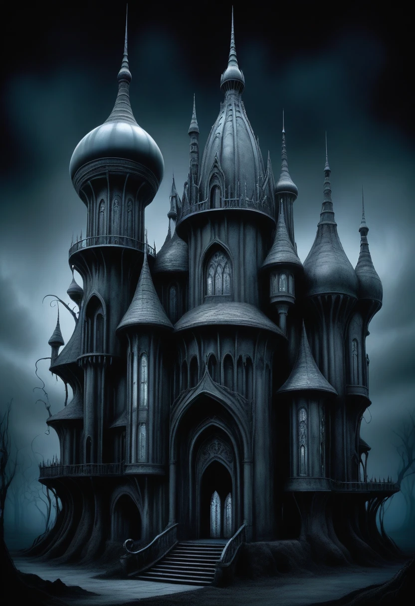 Ethereal "Dream Castle" with Tim Burton and H.R. Giger collaboration, gothic masterpiece, whimsical macabre ornamentation, Burton's twisted forms, Giger's alien beauty, surrealism, organic biomechanical blend, eerie glows, haunting shadows, mesmerizing.