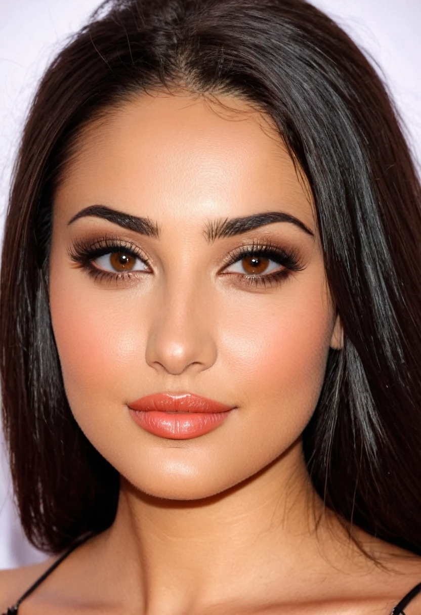 mixed between italian and algerian race, long soft dark hair, Hazel eyes, full lips, round eyes, round face, rounded medium arch eyebrows, broad forhead, a little bet overweight, hooked nose