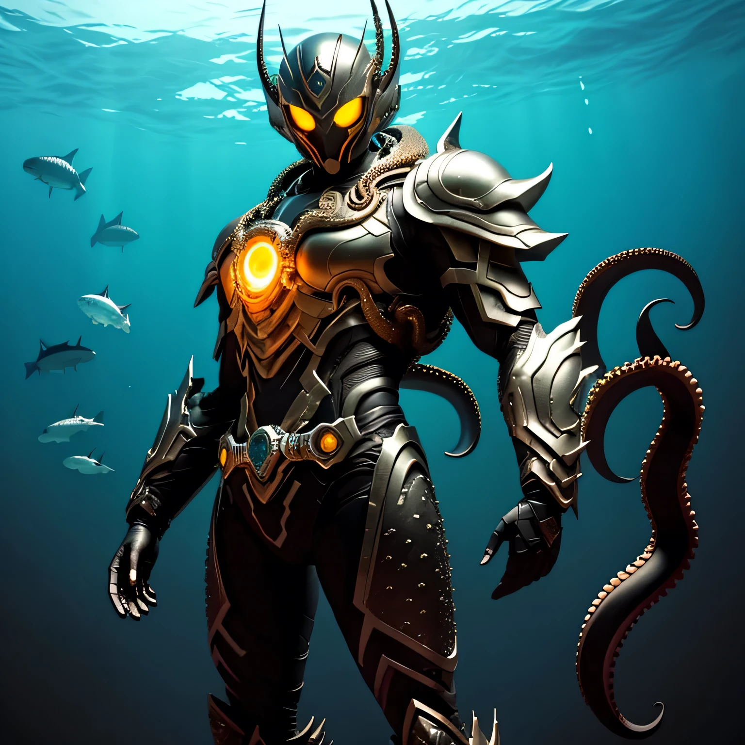 best quality)), ((masterpiece)), (detailed), perfect face, Black and Bright Silver coloring, Octopus Kamen Rider, Underwater background, Single person, Sleek Octopus Armor, Full Body, Octopus Base, Evil Kamen Rider, 1 male, Octopus Design, Round Armor, No Tentacles