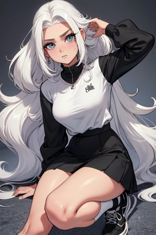 de 22 anos, pele branca, quase fala, cabelo branco, rosa nas pontas, cabelo extremamente longo, apertado, black pantyhose, black sneakers, cabelo branco, cabelo entre os olhos, cabelo branco, boca fechada, faixa, messy hair formal skirt model pose