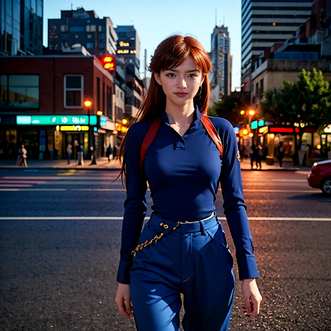 (1 lady), (Best quality at best:1.4), (ultra - detailed), (extremely detailed CG unified 16k), A Beautiful Woman with Perfect Figure: 1.4, Sharp Focus: 1.2, very detailed, High-definition RAW color photo, professional photoshooting, amazing face and eyes, cosmetics, (amazingly beautiful girl), ((asuka)), ((long sleeves blue navy shirt, blue navy pants, blue navy police uniform, blue navy battle dress uniform, polyester material)), standing, sexyposture,(Dark and stylish urban landscape, city lights, city lights:1.3), (look from down), realistic cinematic face, head to feet long wide zoomed out view, full body long view, photorealistic, ((realistic natural orange redhair style, blue eyes, long hair)), gorgeous, extremely beautiful face, perfect model beauty, pout mouth, Highly Detailed Face and Skin Texture, Detailed Eyes, Double Eyelids, Medium Breasts, Smile, cleavages, western, (masterpiece), best quality, high resolution, extremely detailed, blurred background, depth of field, cinematic lighting, amazing legs, combat boots, clear and well-cared skin, (((woman occupies most of the picture)))