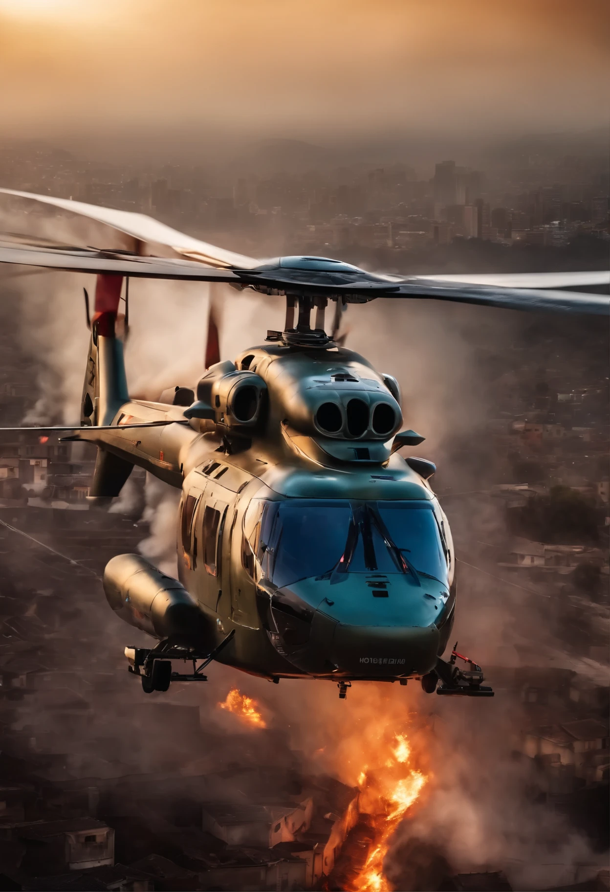 Future military air rescue helicopter flying over the city of earthquake and fire with destruction of the city