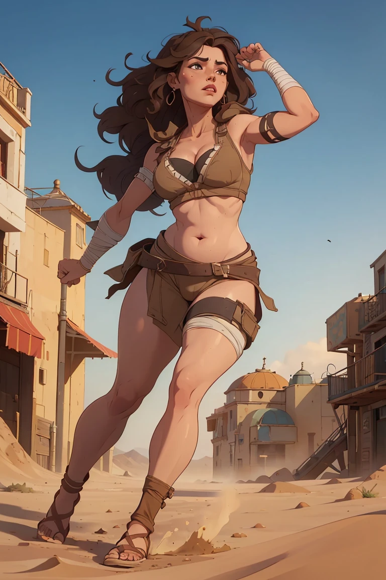 Solo, jewish girl, cascina caradonna, 1girl, (very curly open wild dark brown hair), wide seductive lips, smirking, skin, larger nose, high detailed face, 4k , camletoe, (small breasts, straight waist,wide hip, slightly chubby body,inflated legs,thick thighs,(detailed face)), 4k, look at camera, highly detailed face, (in bandage outfit, cleavage, belly free, legs free, white wristwraps), krav maga fighting, angry shouting, dusty desert city, wide perspective, 4k, (dust and sand flying around), ((full body)), barefoot, wind blowing hair, hand up to protect from wind, leading a camel, (yellowish sky from sandstorm), adventure