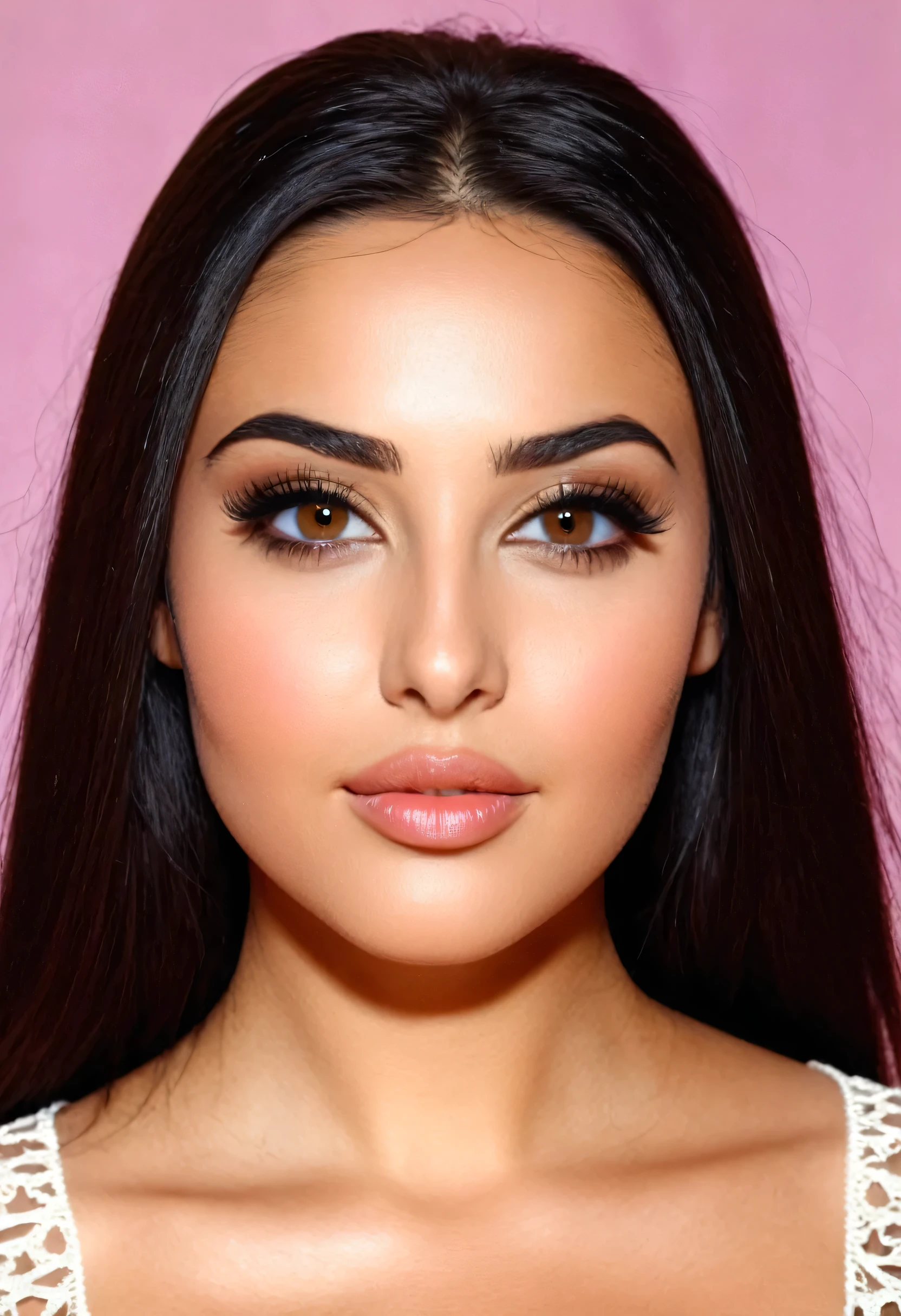 mixed between italian and algerian race, long soft dark hair, Hazel eyes, full lips, round eyes, round face, rounded medium arch eyebrows, broad forhead, a little bet overweight, hooked nose