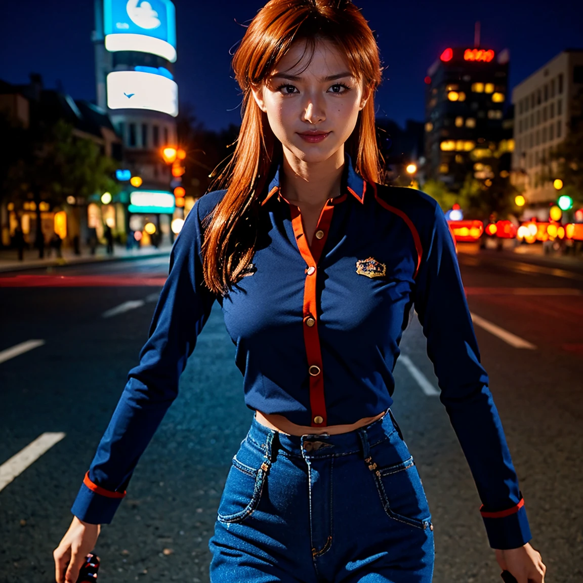 (1 lady), (Best quality at best:1.4), (ultra - detailed), (extremely detailed CG unified 16k), A Beautiful Woman with Perfect Figure: 1.4, Sharp Focus: 1.2, very detailed, High-definition RAW color photo, professional photoshooting, amazing face and eyes, cosmetics, (amazingly beautiful girl), ((asuka)), NOT Dasha Taran, ((police uniform, whole body police uniform, long sleeves blue navy shirt, police uniform blue navy pants)), standing, sexyposture,(Dark and stylish urban landscape, city lights, city lights:1.3), (look from down), realistic cinematic face, head to feet long wide zoomed out view, full body long view, photorealistic, ((realistic natural orange redhair style, blue eyes, long hair)), gorgeous, extremely beautiful face, perfect model beauty, pout mouth, Highly Detailed Face and Skin Texture, Detailed Eyes, Double Eyelids, Medium Breasts, Smile, cleavages, western, (masterpiece), best quality, high resolution, extremely detailed, blurred background, depth of field, cinematic lighting, amazing legs, combat boots, clear and well-cared skin, (((woman occupies most of the picture))), (photorealistic colors, photography colors)