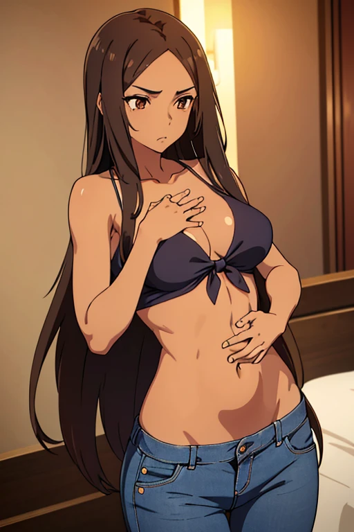 (detailed), perfect face, brown skin anime woman in a deep V-neck tied top, (bare shoulders), (jeans), (long hair), starving, (resting hands on the stomach), (hands on the stomach), (slim woman), (smooth and shiny skin), sigh, ((best quality)), ((masterpiece))