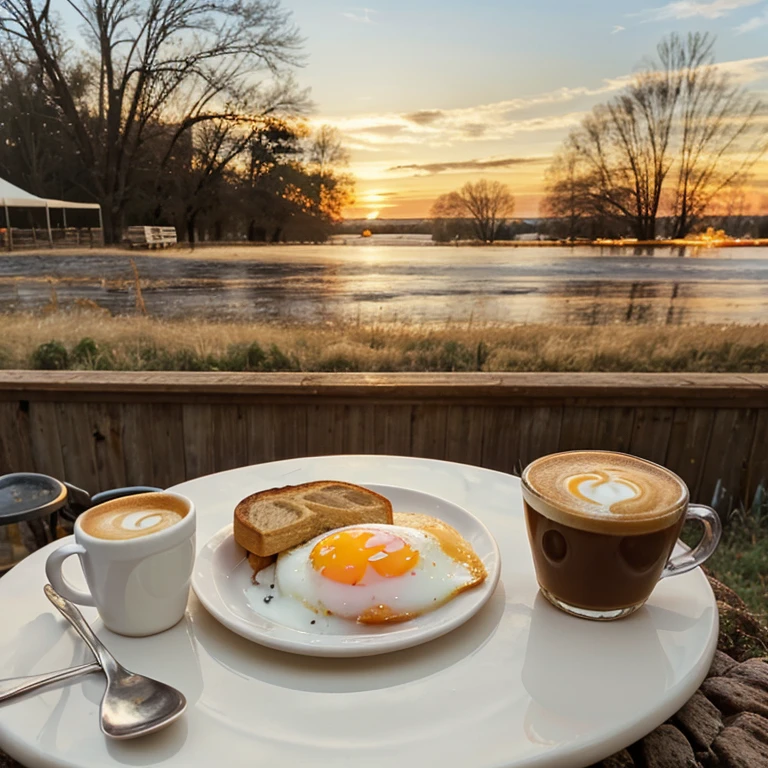 ((breakfast)),bread,Fried Egg,Coffee is piping hot,Outdoor Background,No characters