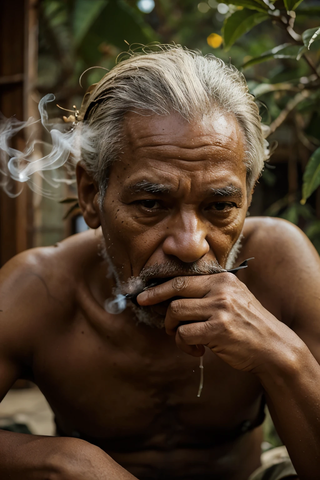 old man in jamaica smoking marihuana in a ganjaplant
