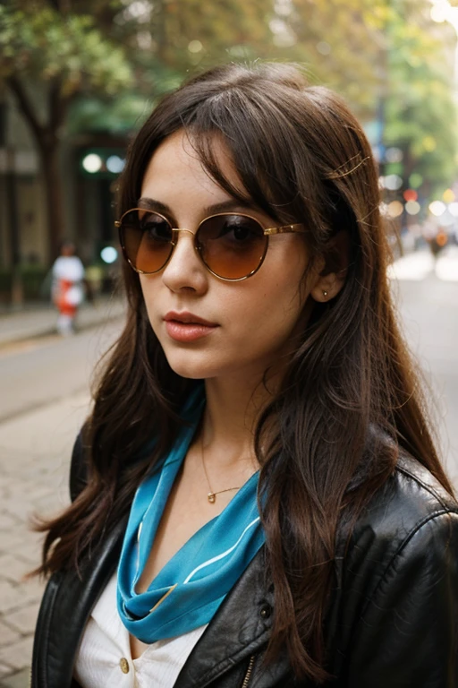 Young woman in retro style with sunglasses and silk scarf. Sixties style retro woman.