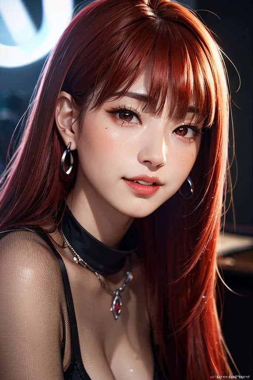 a korean woman, vampire fangs showing, red hair, blunt bangs, very long hair, shiny hair, absurdly long hair, two side up, glowing eyes, devil pupils, longeyelashes, amber eyes, crystal earrings, hoop earrings, light smile, evil smile, bright pupils, full blush, yandere, oral invitation, Surrealism, Social realism, Gothic art, Expressionism, Realism, Contemporary art, Hyperrealism, depth of field, glowing light, reflection light, UHD, masterpiece, ccurate, anatomically correct, textured skin, super detail, high details, high quality, best quality, highres, 8k