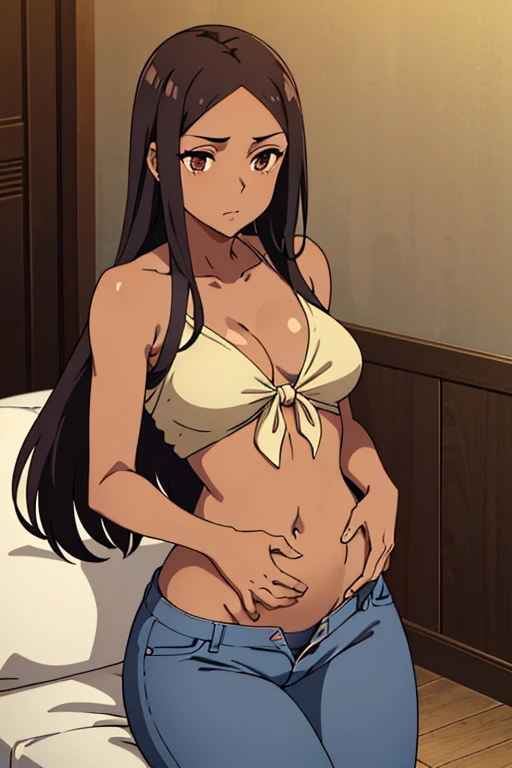 (detailed), perfect face, brown skin anime woman in a deep V-neck tied top, (bare shoulders), (jeans), (long hair), starving, (resting hands on the stomach), (hands on the stomach), (slim woman), (smooth and shiny skin), sigh, light blush, ((best quality)), ((masterpiece))