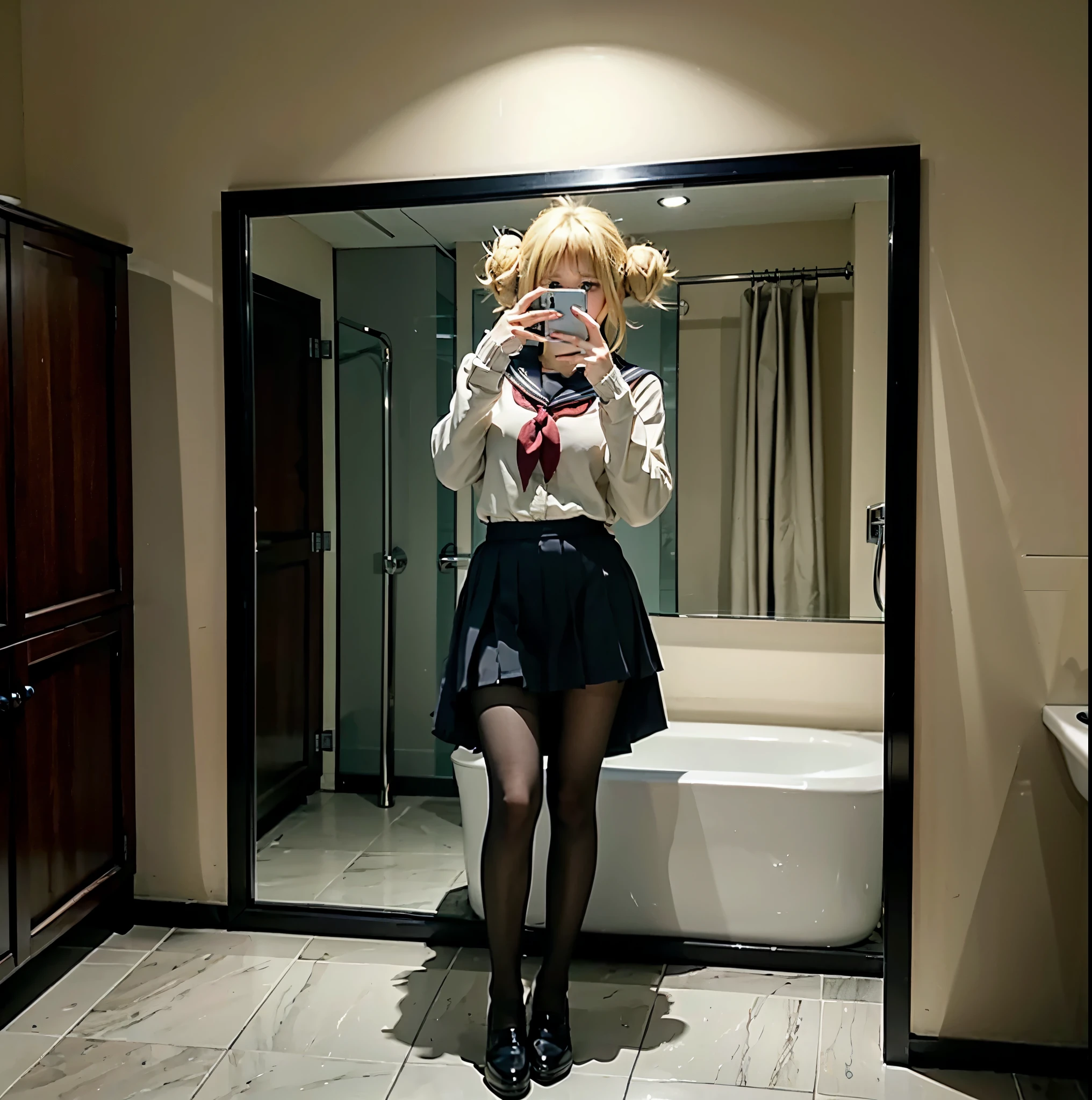 A girl taking a selfie in the bathroom, bathroom, cute, himiko toga, anime, beautiful, ultra realistic, mobile phone, low quality, blonde hair, perfect anatomy, perfect proportions, public bathroom, mirror selfie, covering face with phone, sailor clothes, black skirt, black pantyhose