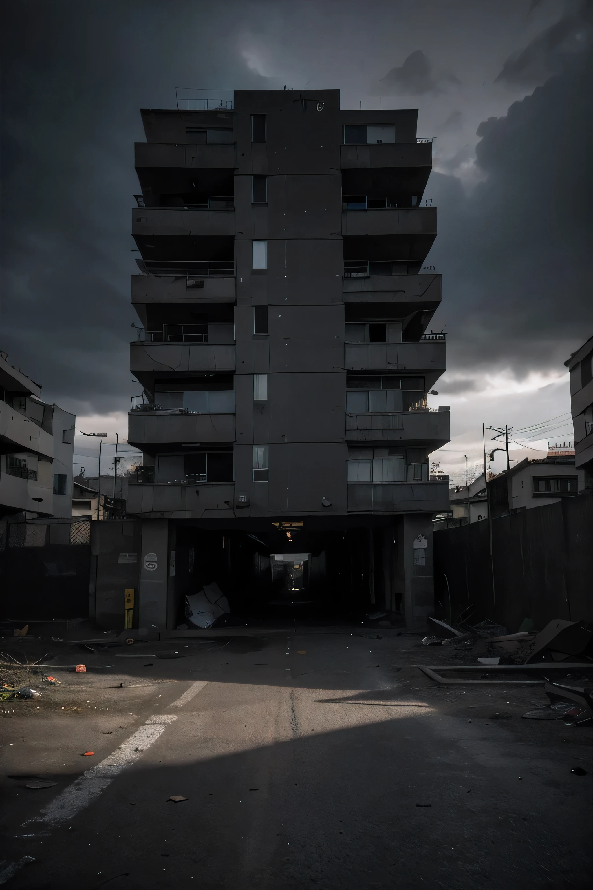 (best quality,highres:1.2),dark,dystopian, un barrio con servicios e infraestructura precaria, en donde se vea pobreza, petare caracas, probreza, temor ,dramatic composition,intense atmosphere,haunting colors,harsh lighting,dynamic angles.