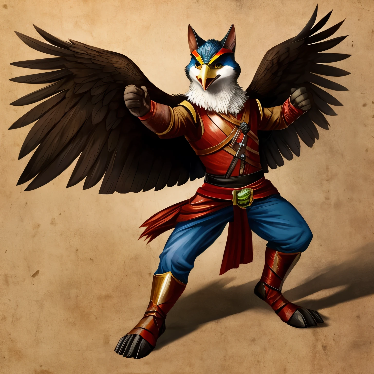 un gato con cuernos, with eagle wings, con cola de zorro, y las patas traseras que sean de rana