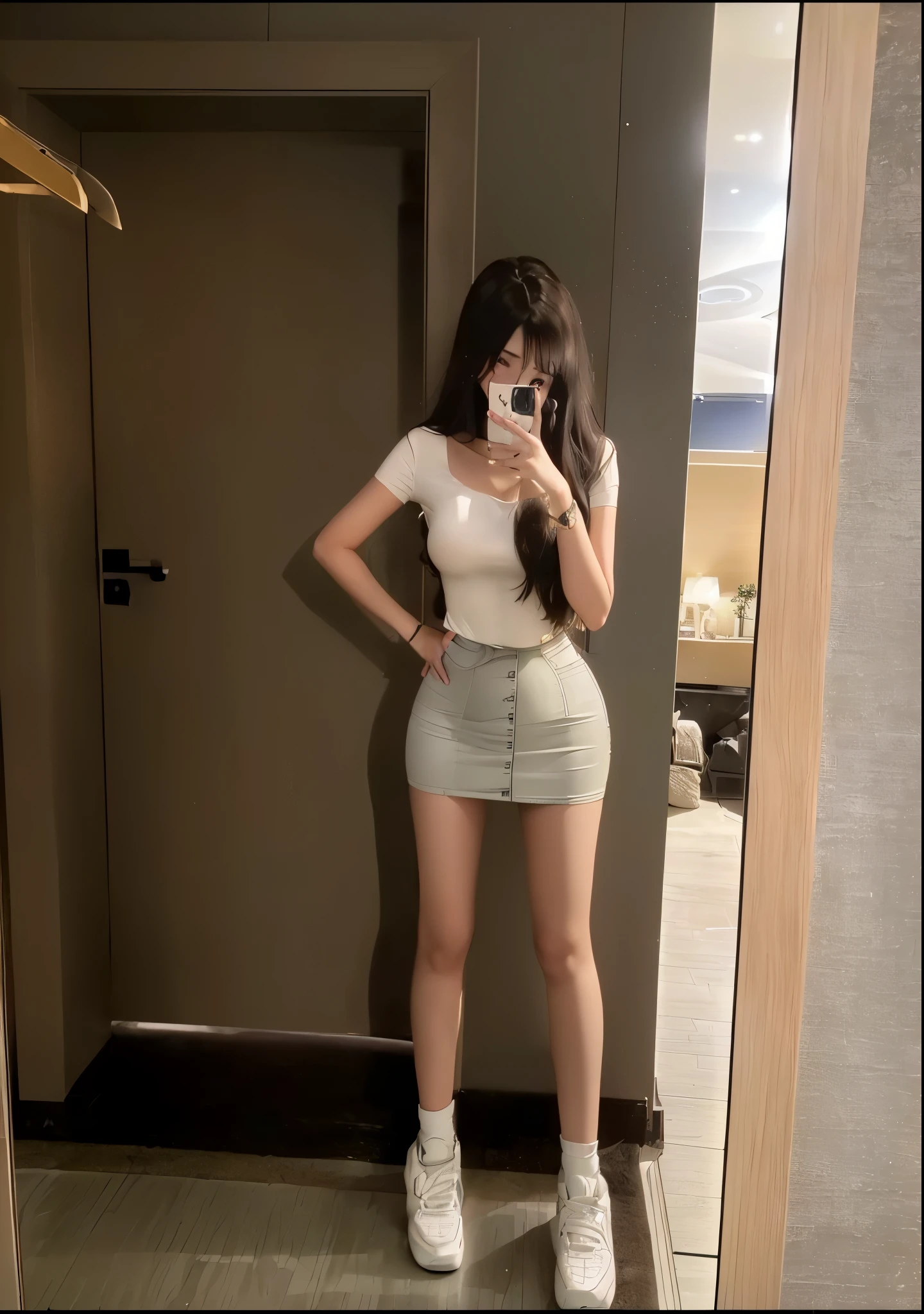 A woman takes a selfie in front of a mirror, Thin waist and thick hips, Thin waist, Photos of slim girls, Full body of lovely young lady, Thin waist, full body pictures, Good butt,Leg length, Short skirt, Wear tight, simple clothing, 2 4--old female model, 19 year old girl, mid body shot