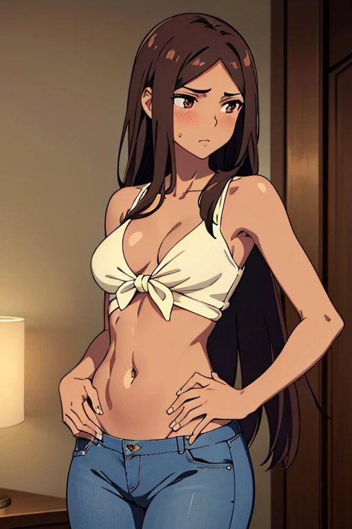 (detailed), perfect face, brown skin anime woman in a deep V-neck tied top, (bare shoulders), (jeans), (long hair), starving, (resting hands on the stomach), (hands on the stomach), (slim woman), (smooth and shiny skin), sigh, light blush, ((best quality)), ((masterpiece))