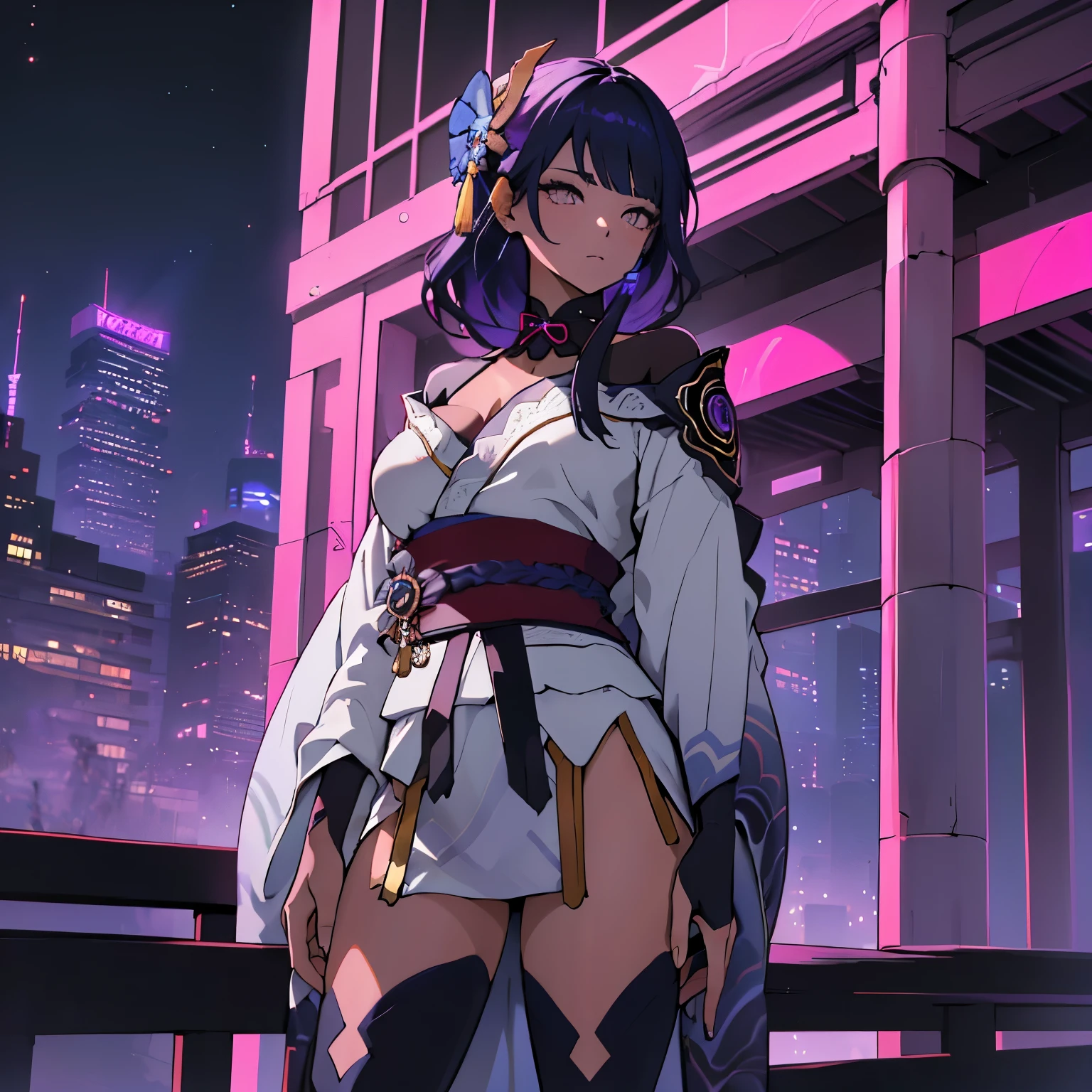 anime, (obra de arte, melhor qualidade, ultra-detalhado, alto contraste), 1 mulher (Sozinho, corpo todo, corpo plus size, standing on the edge of the skyscraper, cabelo prateado, CABELO LONGO E FLUXO, olhos vermelhos brilhantes de rubi, (Kimono preto, black cybernetics with neon pink), meias pretas transparentes), (skyscraper roof, com vista para uma cidade, fundo detalhado ((night time, Darkness, low light pollution)))