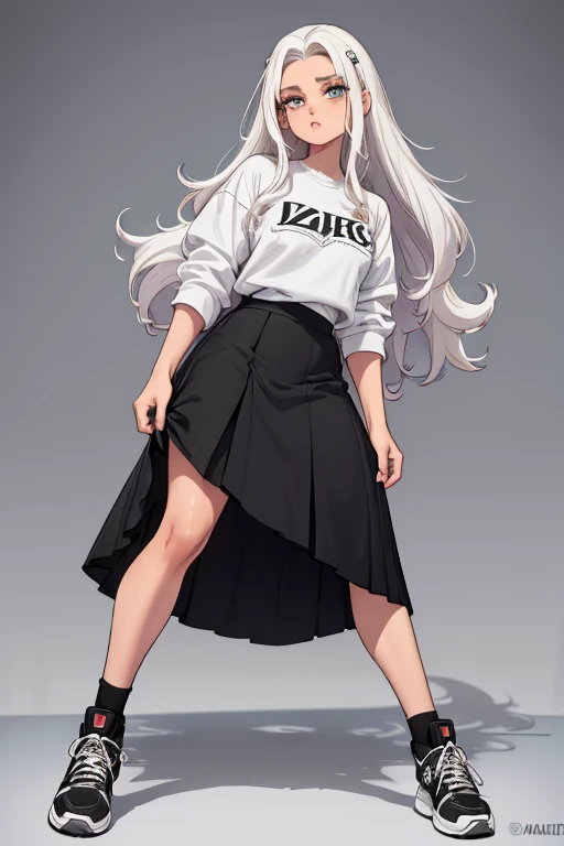 de 22 anos, pele branca, quase fala, cabelo branco, rosa nas pontas, cabelo extremamente longo, apertado, black pantyhose, black sneakers, cabelo branco, cabelo entre os olhos, cabelo branco, boca fechada, faixa, messy hair formal skirt model pose
