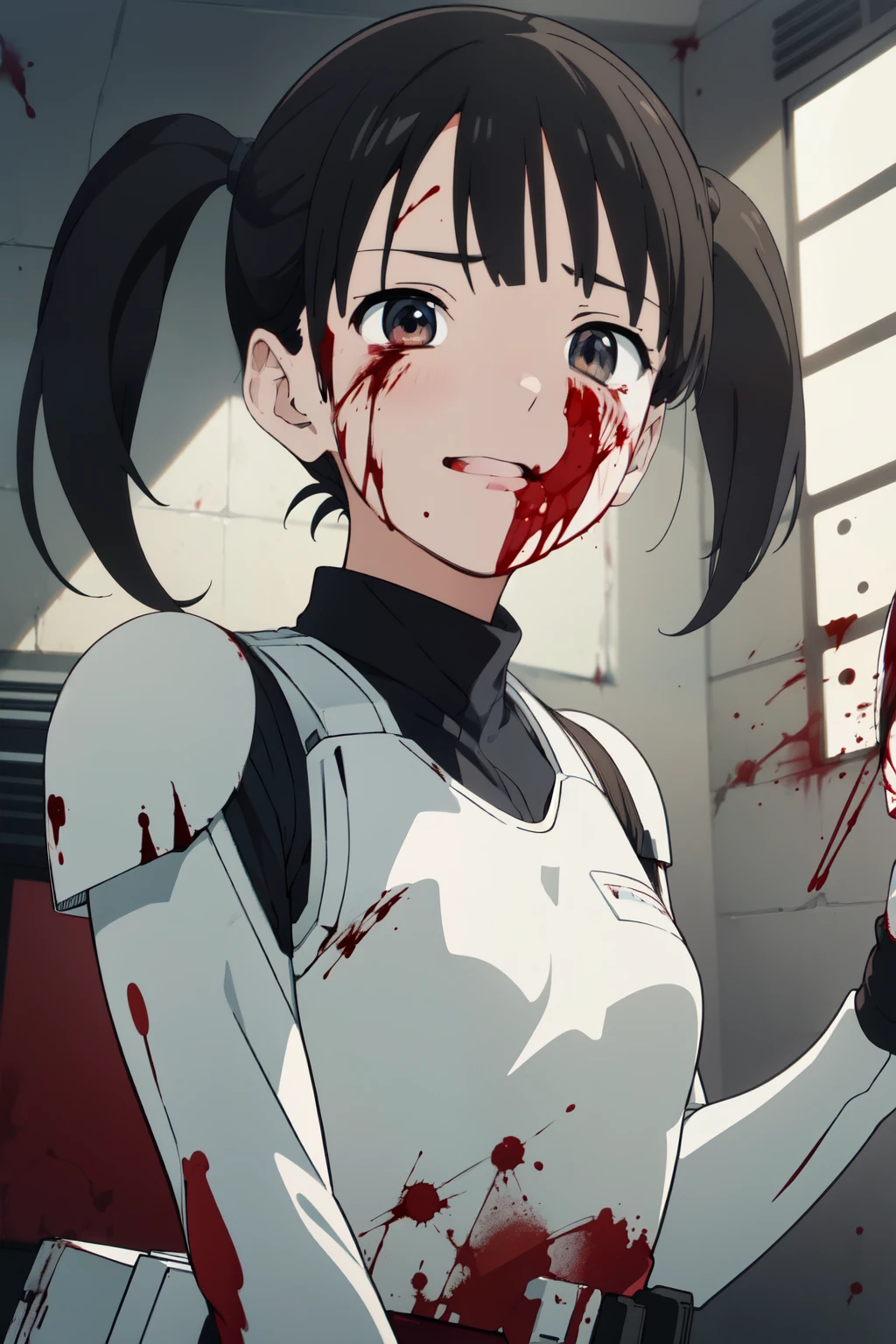 (1girl, solo), AyumiTogeguchiR4, brown eyes, twintails, (small breast), (stormtrooper armor,) looking at viewer, crazy smile, blush, (((blood, blood on arm, blood on face, blood on clothes, blood on hands))), holding blaster rifle, blaster rifle, indoor, (masterpiece), best quality, high resolution, unity 8k wallpaper, (illustration), (anime style), (beautiful detailed eyes), extremely detailed face, perfect lighting, extremely detailed CG, (perfect hands, perfect anatomy), (dynamic pose, dynamic angle),