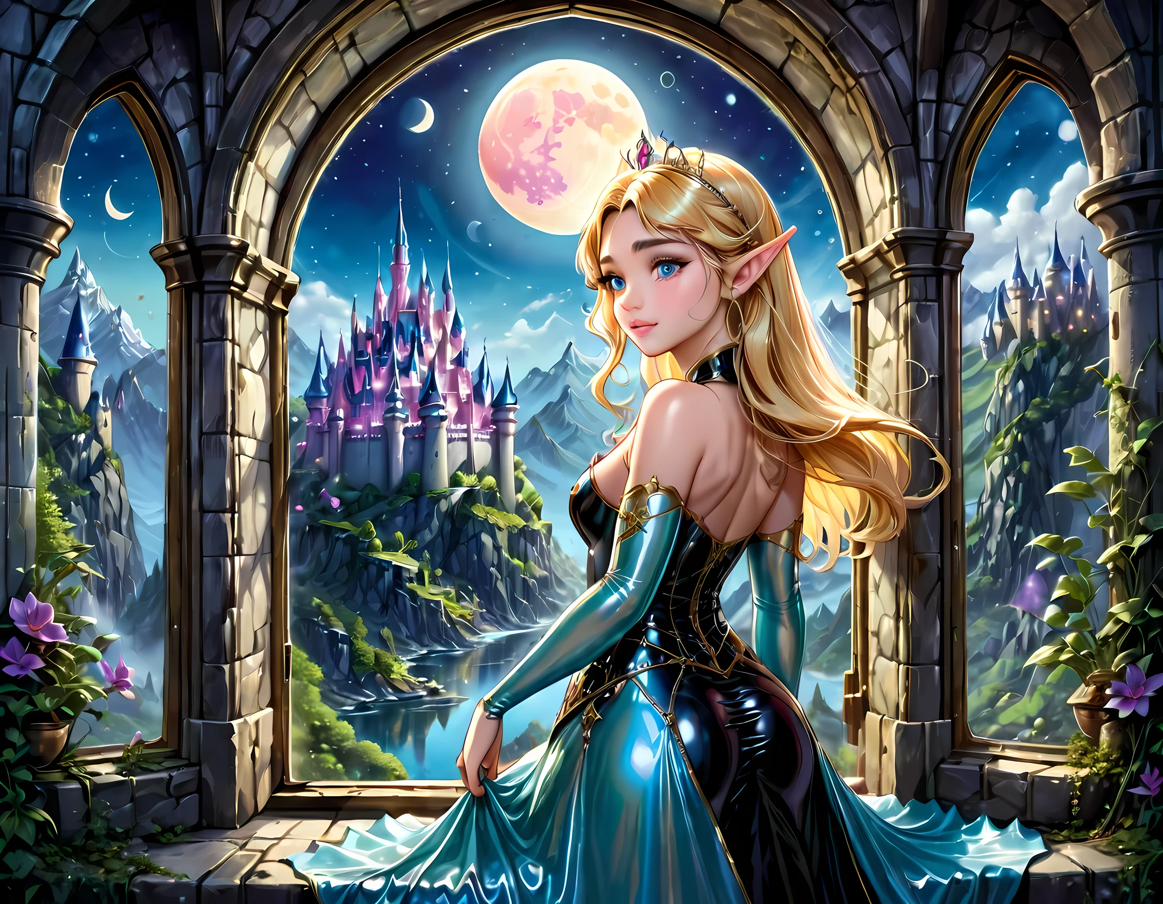 fantasy art, RPG art, a portrait picture of a (beautiful human princess: 1.2) looking through her window at a magical castle, a beautiful elven princess looking through her window to see a magical castle, wearing latex dress, an impressive best detailed castle, with towers, bridges, a moat, standing on top of a mountain, moon, colouredglazecd_xl, BJ_Full_Moon