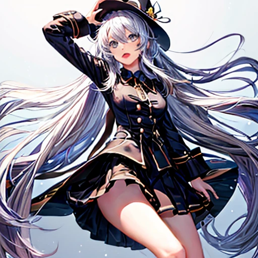 Cute girl with long white hair. Perfect blue eyes, face, open mouth, black hat, long coat, close up, low angle, skirt flip, perfect legs, thighs!!!!, arms up bent, tight shirt, perfect breast, high socks,