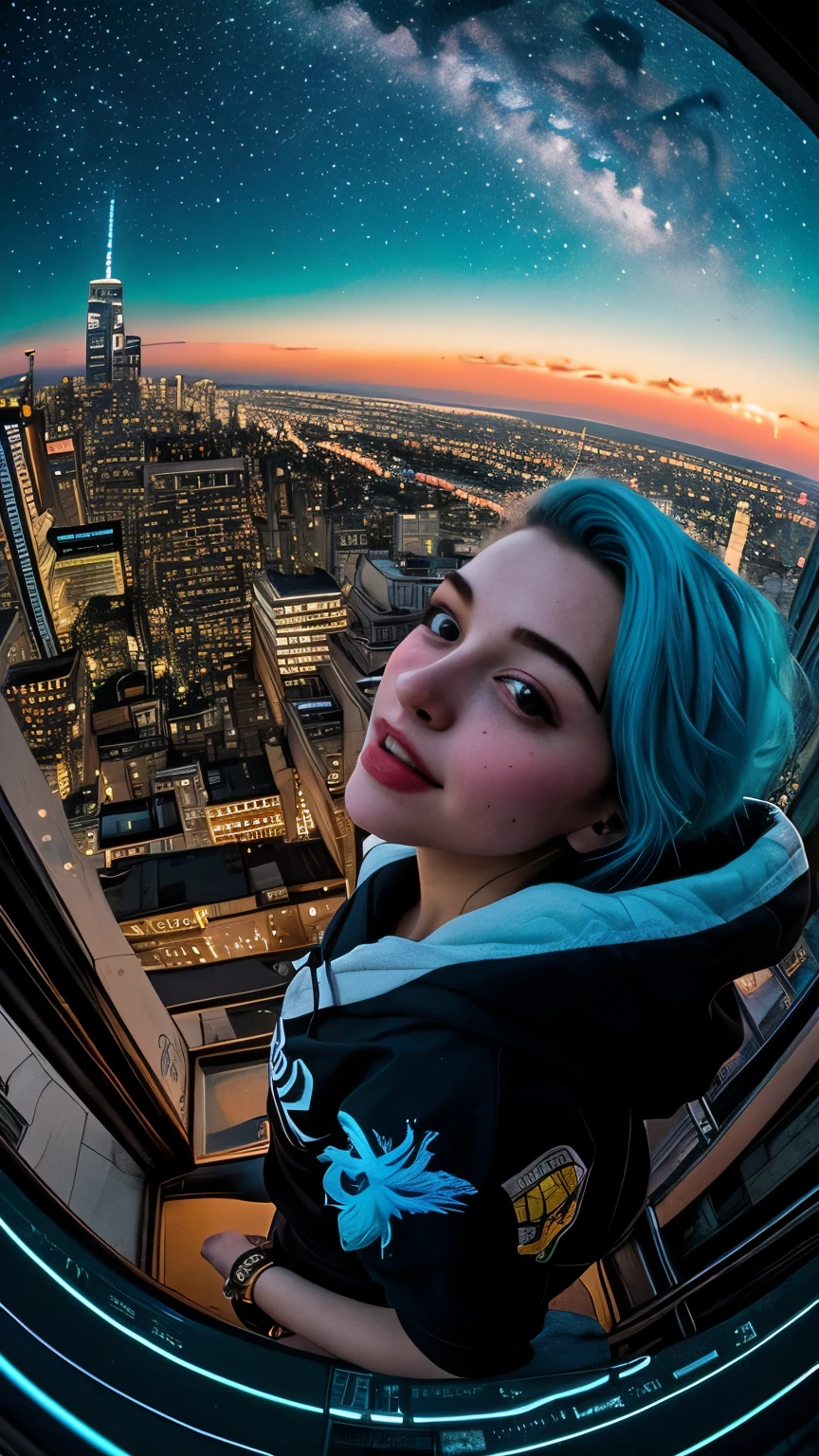 (masterpiece), best quality, ultra high res,, cyberpunk 1girl flying above stunning cityscape ,hoodie,blue hair, neon color shooting stars, very long hair, off shoulder, feather hair ornament, neon colors, flashes, stunning night sky, cinematic lighting, photorealistic, realistic skin, HDR,fisheye