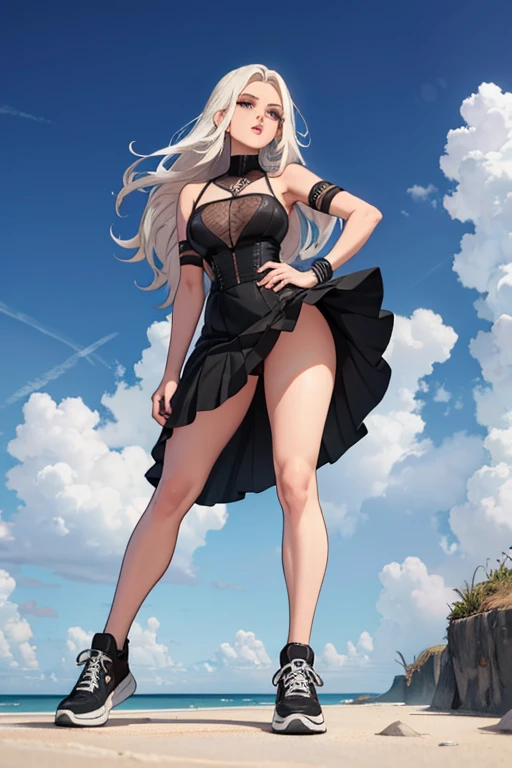 de 22 anos, pele branca, quase fala, cabelo branco, rosa nas pontas, cabelo extremamente longo, apertado, black pantyhose, black sneakers, cabelo branco, cabelo entre os olhos, cabelo branco, boca fechada, faixa, messy hair formal long skirt model pose
