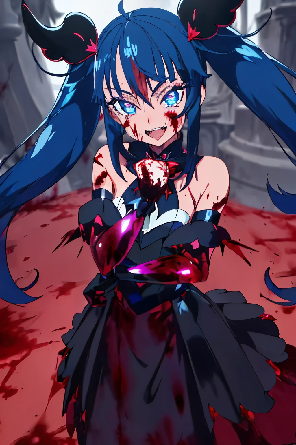 best quality, ultra detailed,1girl, solo, {cure_sky_hirogaruskyprecure:1.15}, dark blue hair, blue eyes, blue flame on eyes, longhair, twintails, magical girl, bangs, open mouth, red hair, multicolored hair, 1girl, blunt bangs, darken clothes, hair ornament, evil smile, devilish aura (shiny fabric:1.5), full body shot, purple gem, seductive, blush, (beautiful detailed eyes:1.6), extremely detailed face, perfect lighting, extremely detailed CG, (perfect hands, perfect anatomy), devil, red and black color scheme, shiny material, smirks, black ribbon, black satin gloves, evil clover leaf ornament, black frills, jewelry, corruption, latex shine, black gothic cloak, evil grin, dark world background, red moon, cloudy sky, cg style, one-sided black wing, (((blood, blood on arm, blood on face, blood on clothes, blood on hands)))