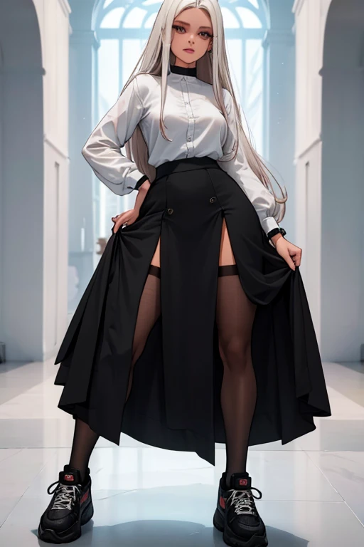 de 22 anos, pele branca, quase fala, cabelo branco, rosa nas pontas, cabelo extremamente longo, apertado, black pantyhose, black sneakers, cabelo branco, cabelo entre os olhos, cabelo branco, boca fechada, faixa, messy hair formal long skirt model pose