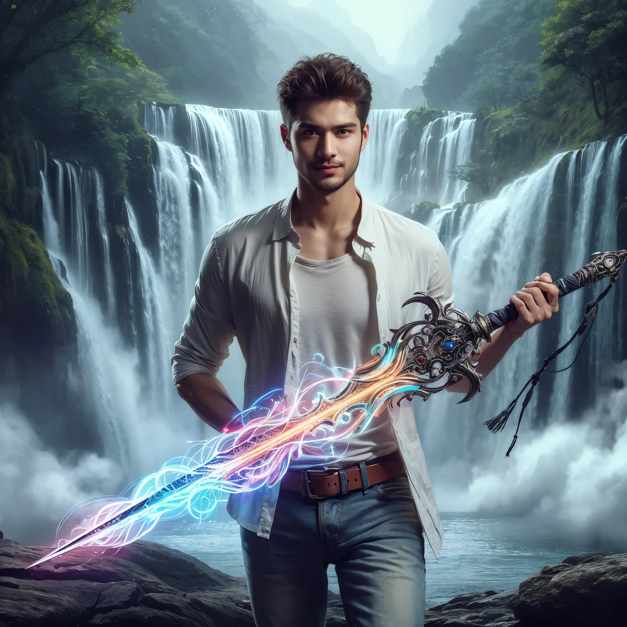 Professional photography masterpiece with 1 model: a confident, charming man in modern casual trendy attire, 25 years old, with a subtle smile, looking happy, holding a long sword with intricate tribal neon glowing, posing to attack an opponent forward, against a breathtaking waterfall backdrop with added mist, resembling a Sony 7000D photo, in high definition with dramatic lighting and added dramatic color effects.