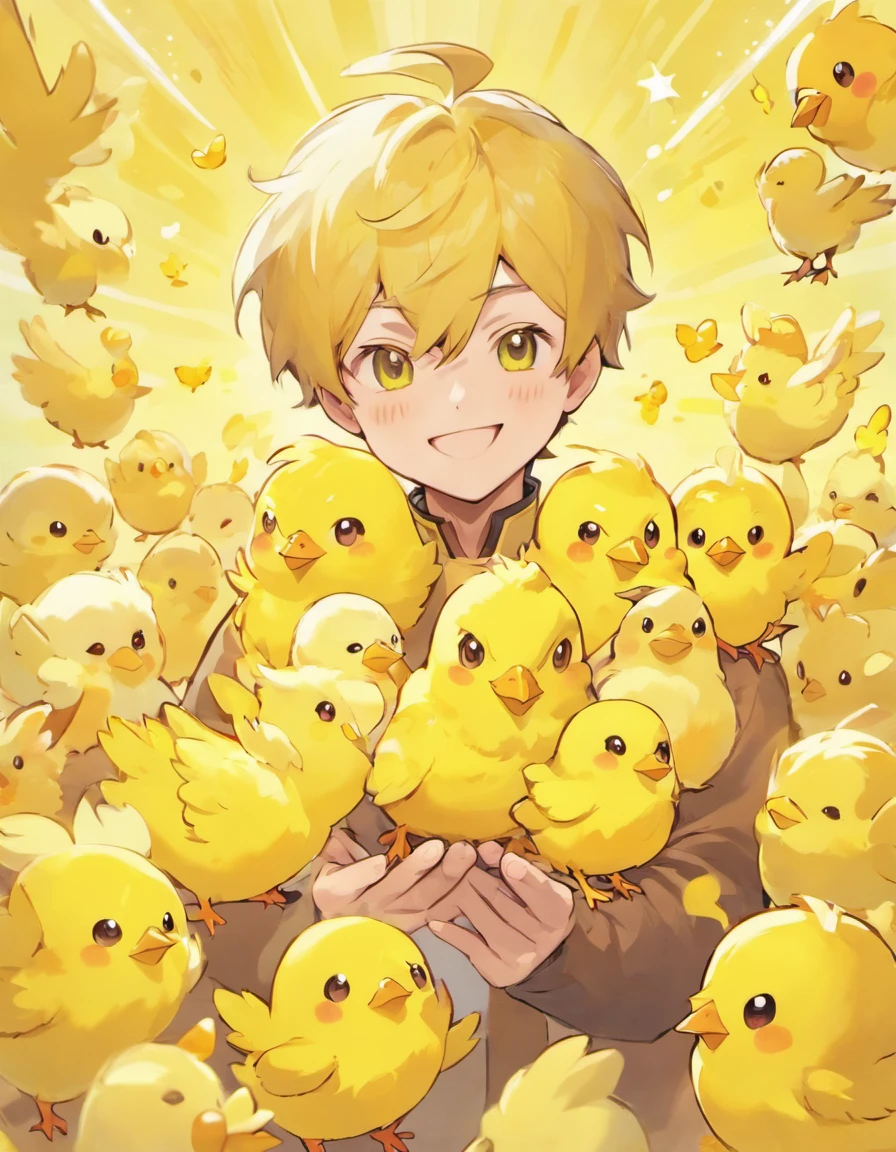 Beautiful Hands, highest quality, Chick Food, Smiling at the chick, young man wearing a yellow Chick costume, Chick costume, There are lots of yellow chicks around, There is a little chick on his hand