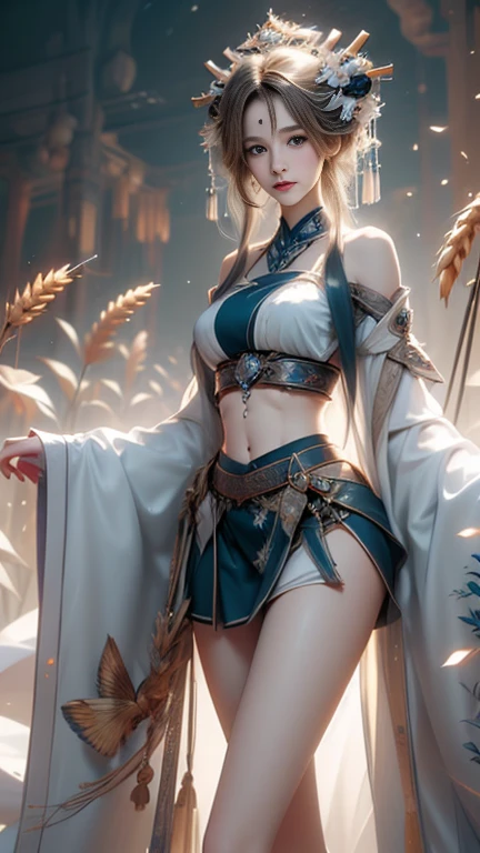 masterpiece,best quality,high quality,High definition,High quality textures,High quality shadows,High details,Beautiful details,fine details,Extremely detailed CG,Detailed texture,Lifelike facial expression,lifelike,colorful,Beautifully,sharp focus,(intricate details,Pure love face_v1:0.5),(Beautifully face with beautiful details,(Beautifully eyes),Perfectly proportioned face,HighSkin details,Skin details,The optimal ratio of four fingers to one thumb,emaciated:1.3),1 girl,,High,(Smooth abdominal muscles:1.55),(abdominal muscles:0.5),beautiful,perfect,High,((Big breasts, big breasts, big breasts)), ((bare shoulders)), ((The skirt is very short)), (long legs),(straight legs),(thin waist),((White skin)),White skin,((White skin)),(Emma Watson),big breasts,((Caucasian)),Light blonde hair,Stand with your legs apart,looking at the audience,whole body,Portrait of cute blonde girl,((Standing in the wheat field,look into the distance)),bloom,orange mist,kinetic,strands of hair,lifelike,High quality rendering,amazing art,high quality,Film texture,Fuji XT3,dream