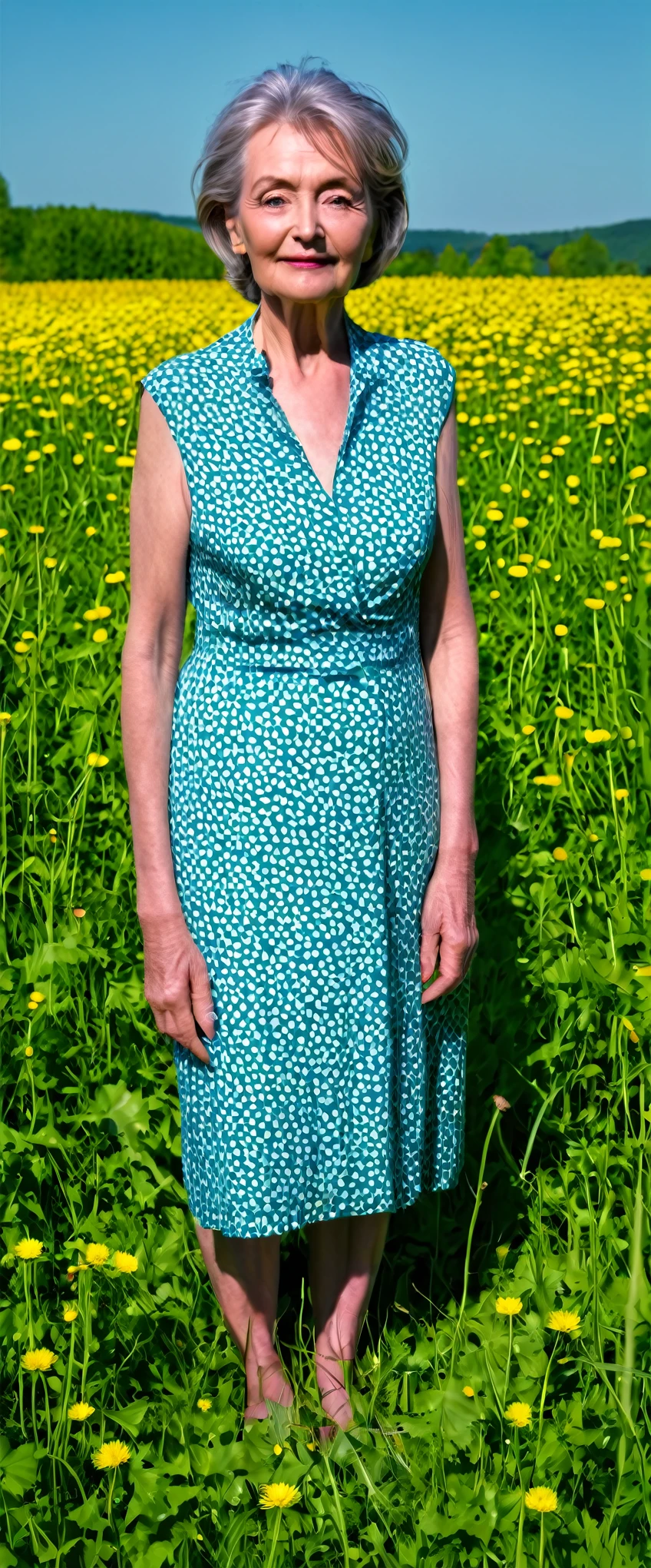 RAW-Foto, Full body portrait of a beautiful 70 year old woman, faltiges Gesicht, rosafarbenes Sommerkleid, She stands in a meadow full of dandelions, voll scharf, detailliertes Gesicht, blaue Augen, (hochdetaillierte Haut:1.2), 8k uhd, dslr, sanfte Beleuchtung, good quality, Filmkorn, Fujifilm XT geflecktes Licht auf dem Gesicht, ((shiny green eyes)), (Augen auf), Streiflicht, wenige blasse Sommersprossen, blasse Haut, Schneewittchen-Haut, oiled, shiny skin, trockene Haut, gepuderte Haut, Porzellanhaut, blush, Red cheeks, Falten, dunkle Ringe unter den Augen, Beauty spot, moles, Mitesser, sichtbares Hautdetail, dunkle Ringe unter den Augen, Aknenarben, Goose flesh, bemerkenswert detaillierte Pupillen, (perfekte Augen), ((perfect hands with vier Finger and ein Daumen each)), vier Finger, ein Daumen