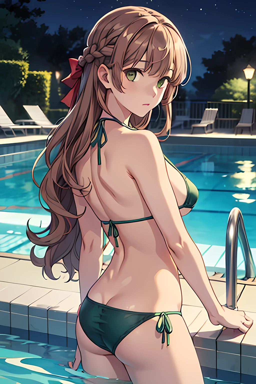 ((masterpiece,best quality)), highres, extremely detailed 8K wallpaper, depth_of_field, cowboy shot, solo, 1girl, saeki sayaka yagatekimininaru, long hair, light brown hair, braid, green eyes, bow, big breasts, , (minimum micro bikini:1.2), pool, night,